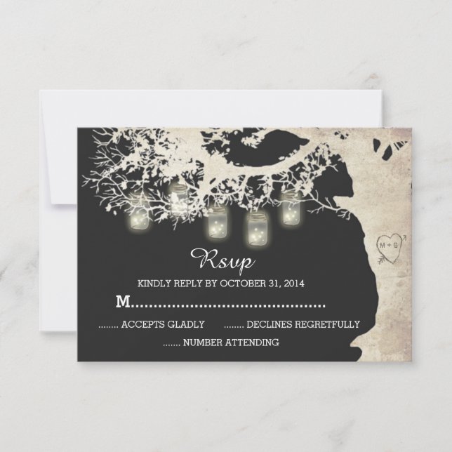 Mason Jar String Lights Tree Vintage Grey RSVP Card (Front)