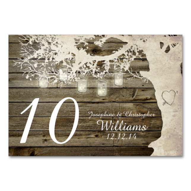 Mason Jar String Lights Tree Wood Table Number (Front)