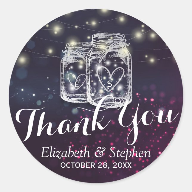 Mason Jar & String Lights Wedding Favour Thank You Classic Round Sticker (Front)