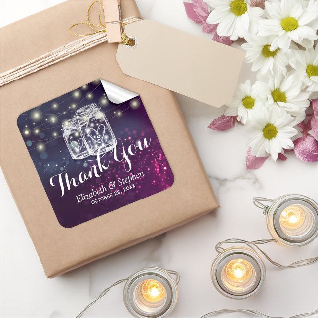 Mason Jar & String Lights Wedding Favour Thank You Square Sticker (Creator Uploaded)