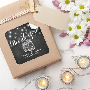 Mason Jar & String Lights Wedding Favour Thank You Square Sticker