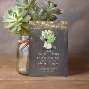 Mason Jar Succulent Bouquet Rustic Country Wedding Invitation