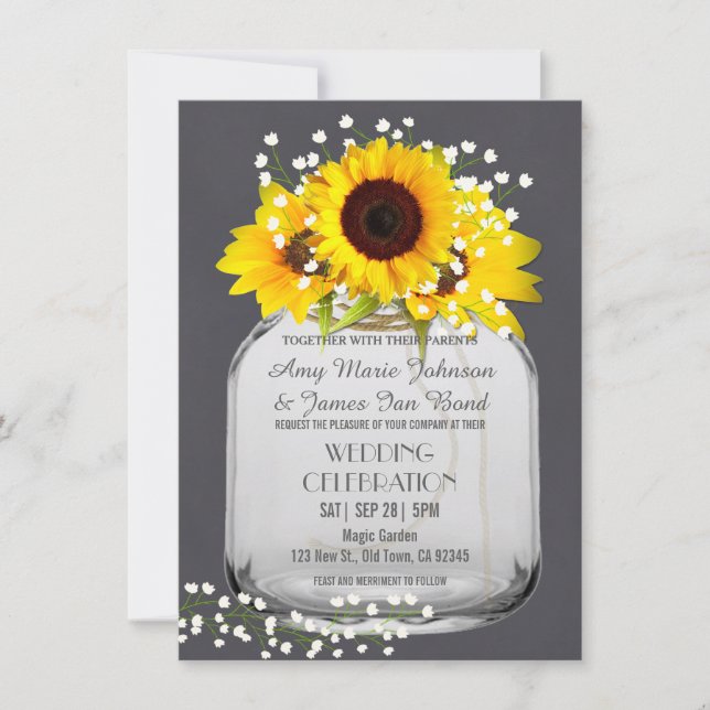 Mason jar sunflower Chalkboard Fall Wedding Cards (Front)