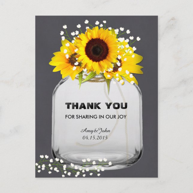 Mason jar sunflower chalkboard thank you postcards (Front)