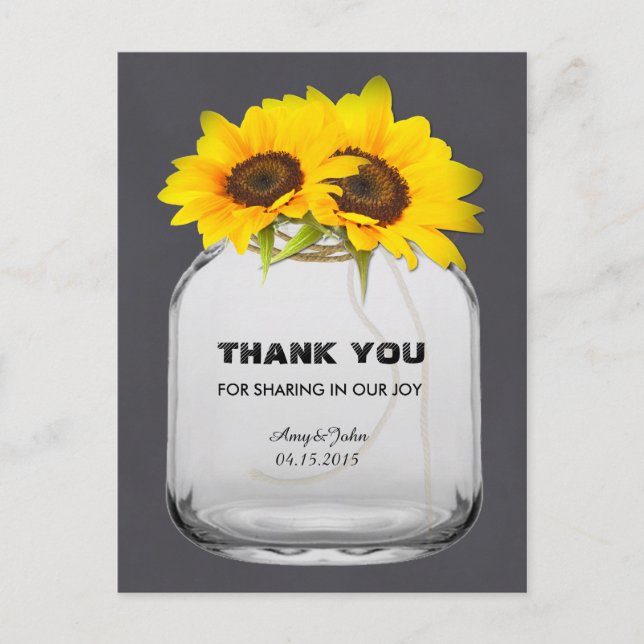 Mason jar sunflower thank you note sunflwr7 postcard (Front)