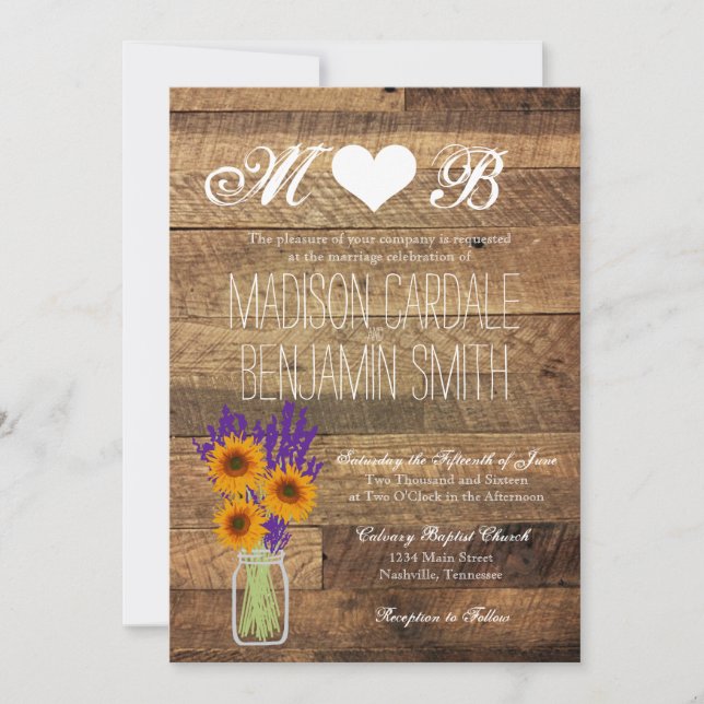 Mason Jar Sunflowers Barn Wood Wedding Invitations (Front)