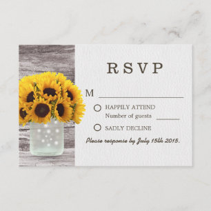 Mason Jar Sunflowers Barn Wood Wedding RSVP Card