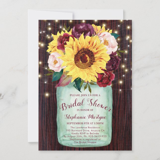 Mason Jar Sunflowers Rustic Bridal Shower Invitation (Front)