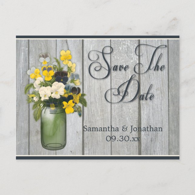 Mason Jar Violas Pansies Barn Wood Save The Date Announcement Postcard (Front)