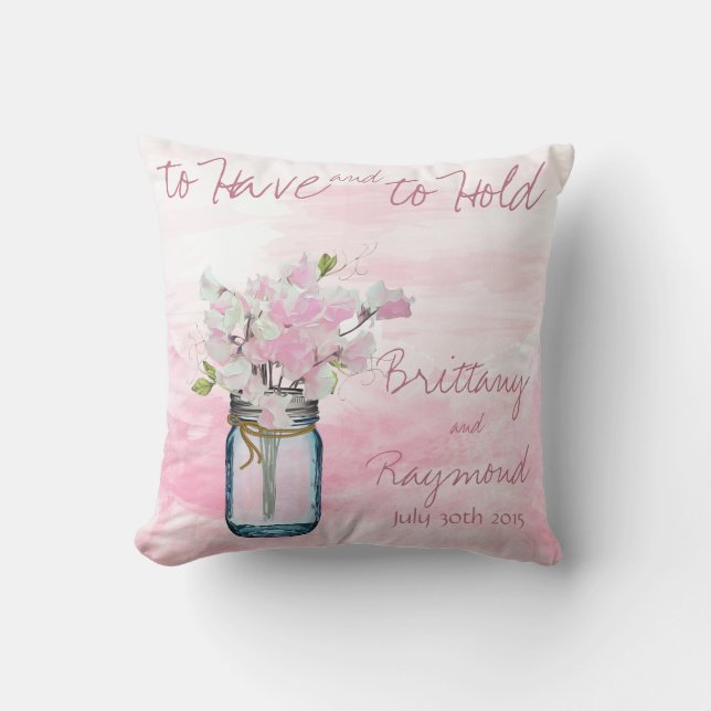 MASON JAR WATERCOLOR PINK SWEET PEAS CUSHION (Front)