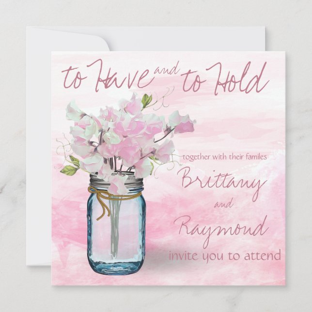 MASON JAR WATERCOLOR PINK SWEET PEAS INVITATION (Front)