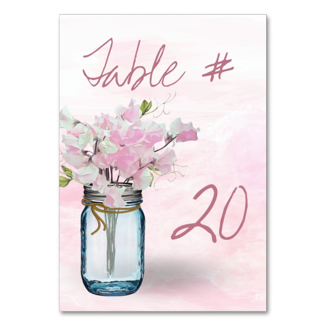 MASON JAR WATERCOLOR PINK SWEET PEAS TABLE NUMBER (Front)
