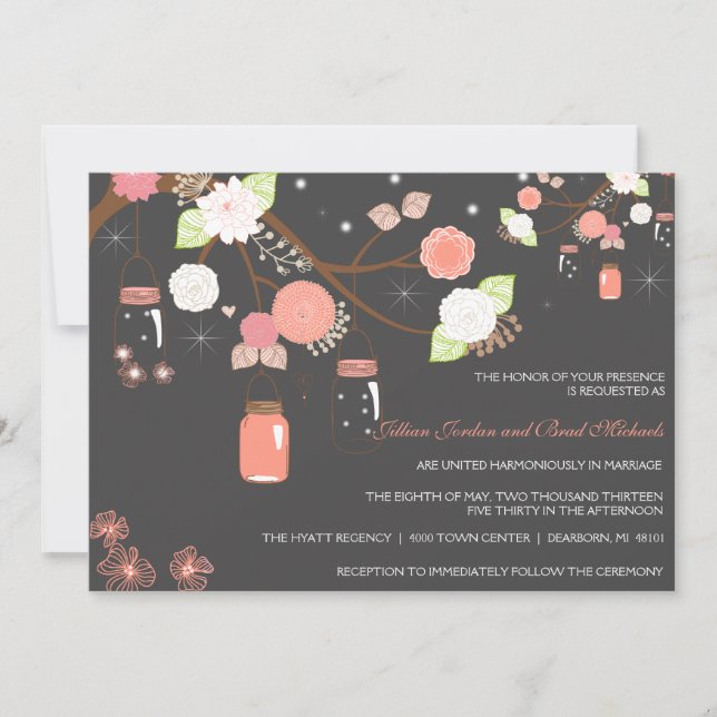 Mason Jar Wedding Invitation - Coral, Lime, Grey (Front)