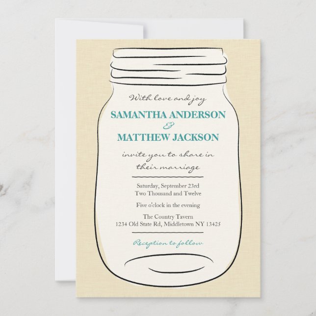 Mason Jar Wedding Invitation - Teal (Front)