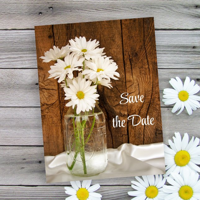 Mason Jar White Daisies Barn Wedding Save the Date Announcement Postcard (Creator Uploaded)