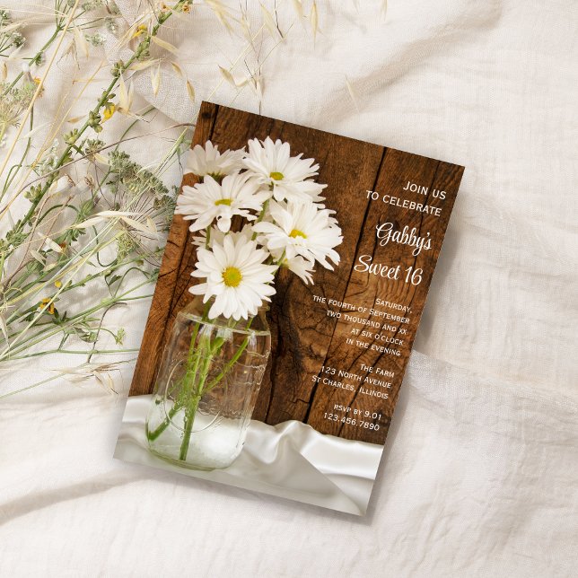 Mason Jar White Daisies Sweet 16 Birthday Party Invitation (Creator Uploaded)