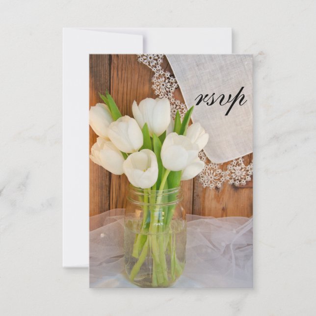 Mason Jar White Tulips Country Barn Wedding RSVP Card (Front)