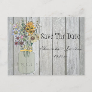 Mason Jar Wildflowers Barn Wood Save The Date Announcement Postcard