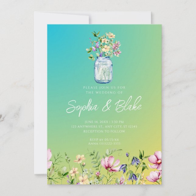 Mason Jar Wildflowers Rustic Ombre Green Wedding Invitation (Front)