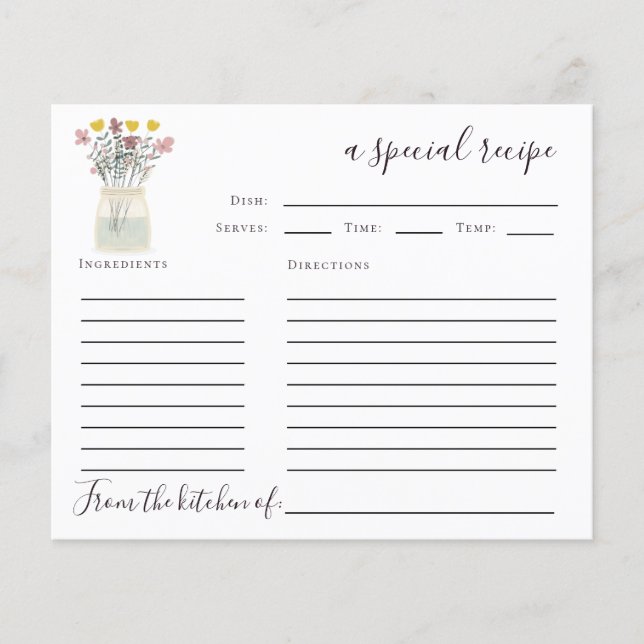 Mason Jar Wildlowers Bridal Shower Recipe Card (Front)