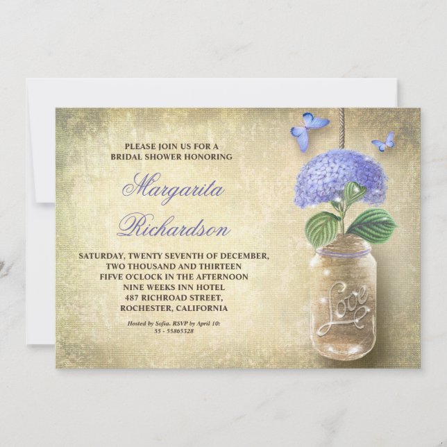 mason jar with blue flowers-bridal shower invites (Front)