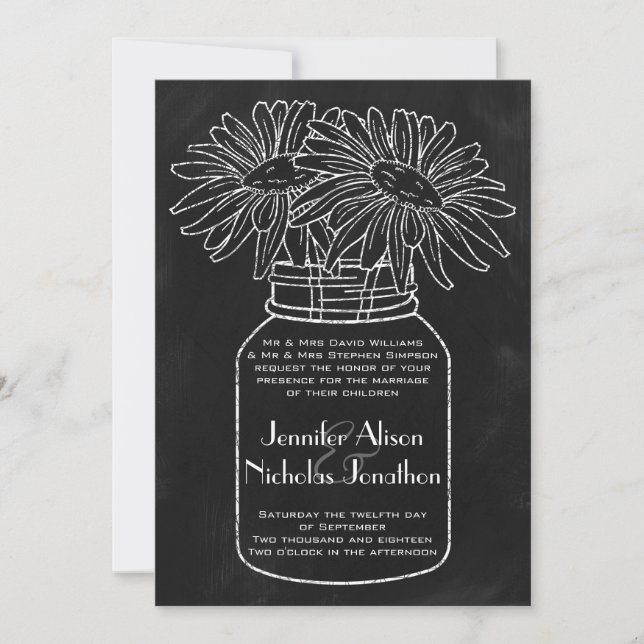 Mason Jar with Daisies on Chalkboard Wedding Invitation (Front)