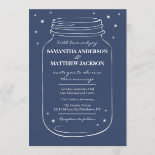 Mason Jar with Fireflies Wedding Invitation  Navy