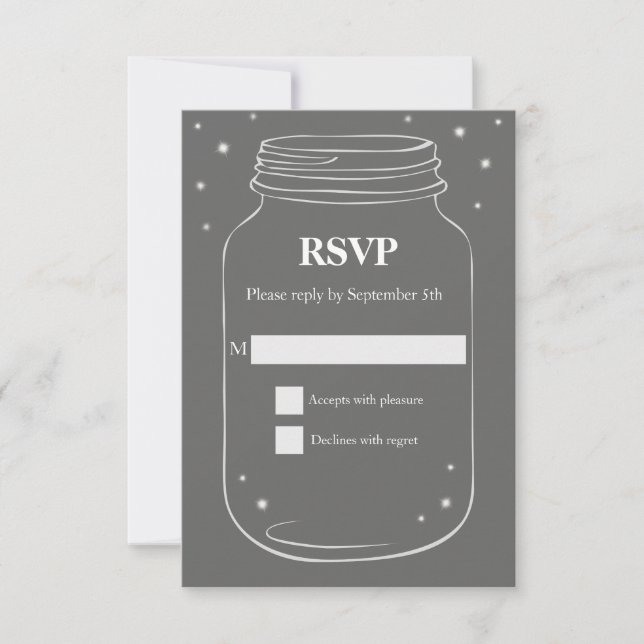 Mason Jar with Fireflies Wedding RSVP Grey (Front)