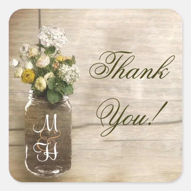 mason jar with flowers thank you stickers (Front)