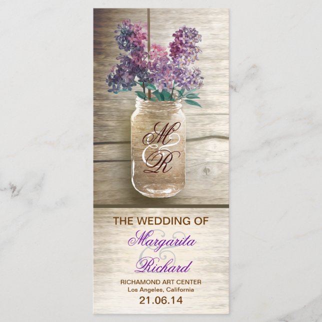 mason jar with lilacs rustic wedding programs programme (Front)