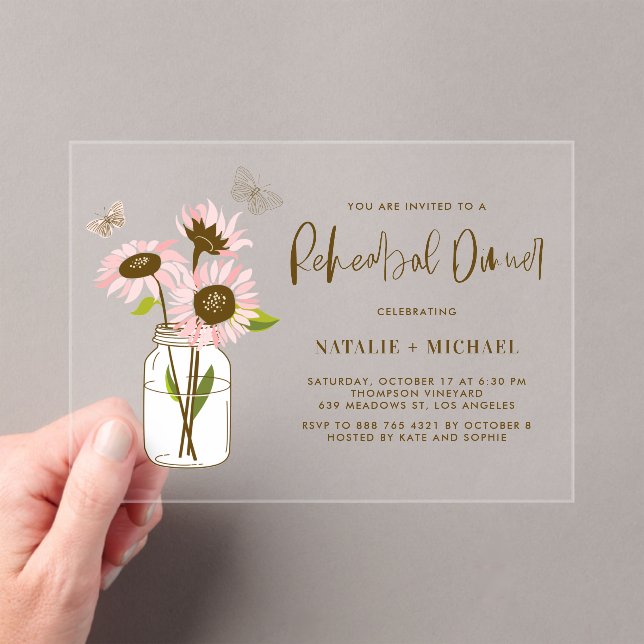 Mason Jar with Pink Sunflowers Rehearsal Dinner Acrylic Invitations (Insitu (Handheld))