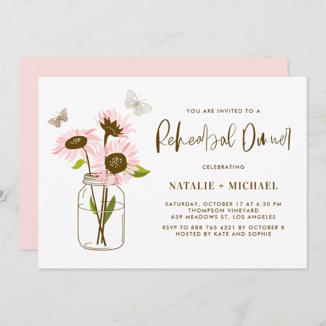Mason Jar with Pink Sunflowers Rehearsal Dinner Invitation (Front/Back)