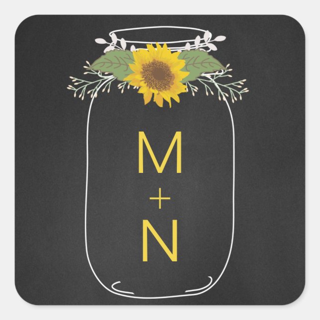 Mason Jar with sunflowers monogram wedding favour Square Sticker (Front)