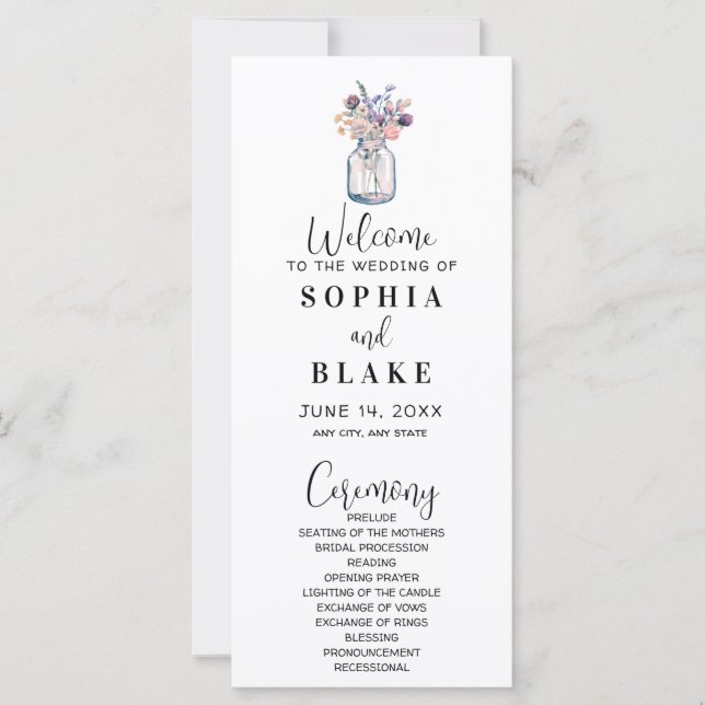 Mason Jar With Wildflowers White Wedding Program (Front)