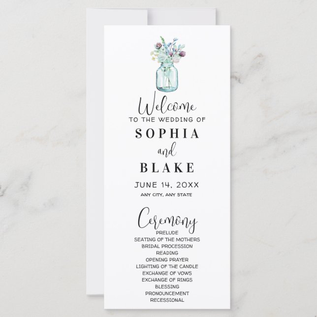 Mason Jar With Wildflowers White Wedding Program (Front)