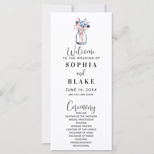 Mason Jar With Wildflowers White Wedding Program (Front)