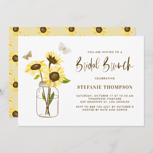 Mason Jar with Yellow Sunflowers Bridal Brunch Invitation (Front/Back)