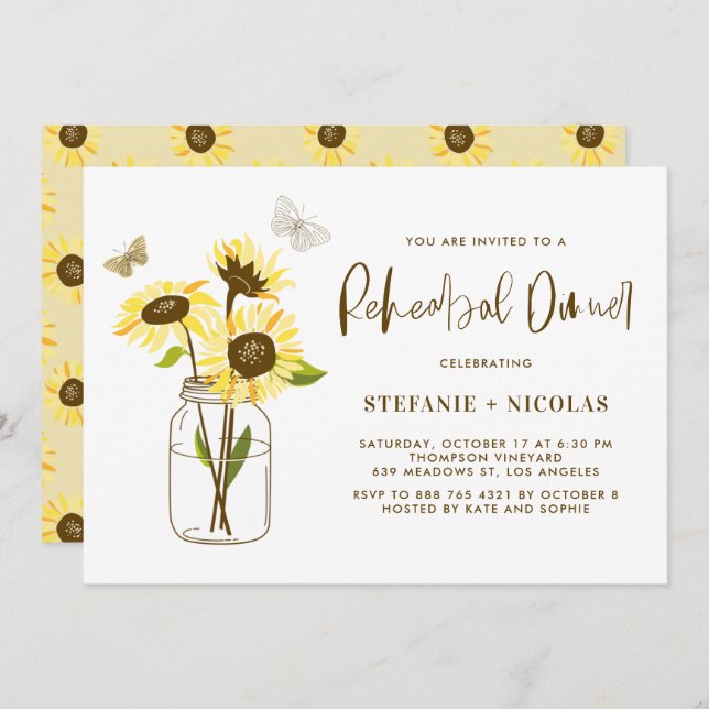Mason Jar with Yellow Sunflowers Rehearsal Dinner Invitation (Front/Back)