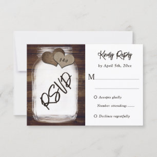 Mason Jar Wood Burlap Monogram Rustic Wedding RSVP Card