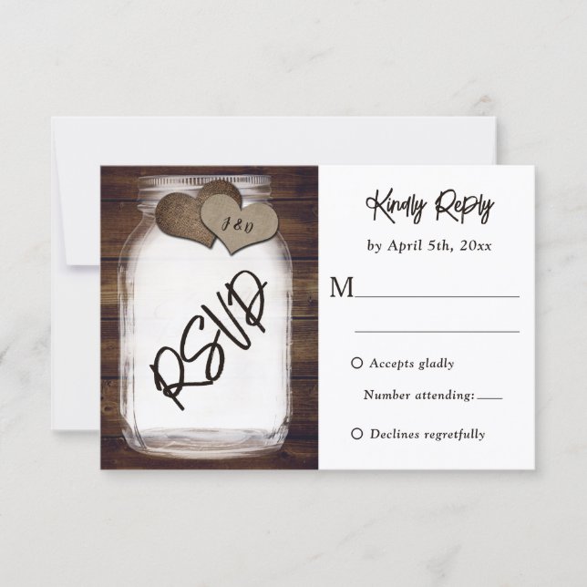 Mason Jar Wood Burlap Monogram Rustic Wedding RSVP Card (Front)