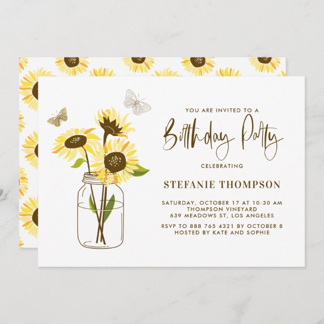 Mason Jar wth yellow Sunflowers Birthday Party Invitation (Front/Back)