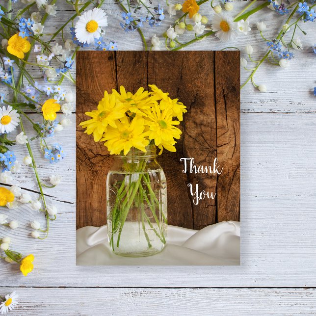 Mason Jar Yellow Daisies Country Wedding Thank You Postcard (Creator Uploaded)