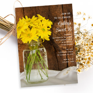 Mason Jar Yellow Daisies Sweet 16 Birthday Party Invitation