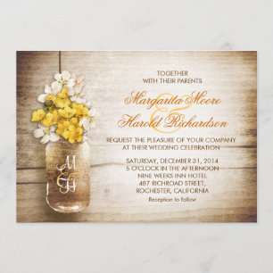 Mason jar & yellow white flowers wedding invites