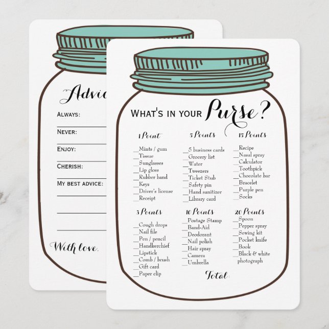 Mason Jars 2x Bridal Shower Games Purse | Wishes Invitation (Front/Back)
