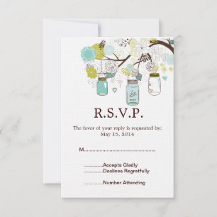 Mason Jars and Blue Green Flowers Wedding RSVP Card