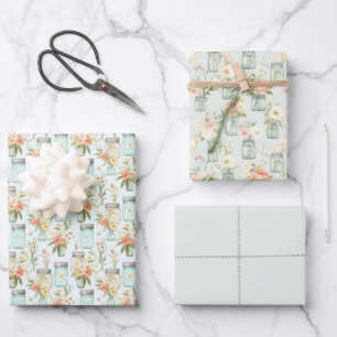 Mason Jars Green Orange Florals Greenery Wrapping Paper Sheet