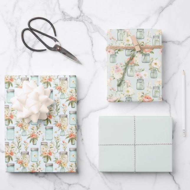 Mason Jars Green Orange Florals Greenery Wrapping Paper Sheet (Front)