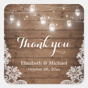 Mason Jars Lights Lace Rustic Wood Thank You Square Sticker