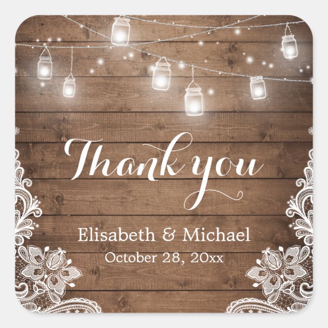 Mason Jars Lights Lace Rustic Wood Thank You Square Sticker (Front)